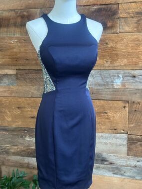 Tony Bowls Navy Beaded Cutout Formal Evening Gown Dress Sleeveless SZ 4